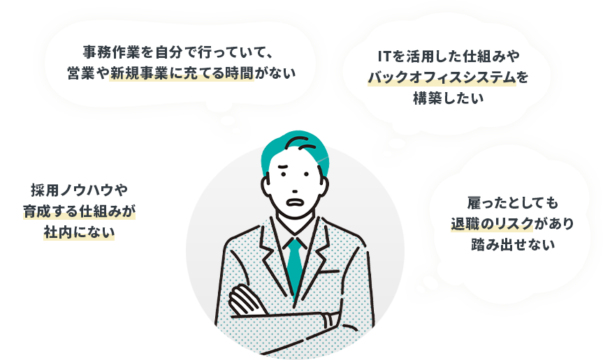 事務作業を自分で行っていて、営業や新規事業に充てる時間がないなどの悩み。